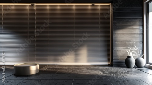 Museum concept featuring a dark gray linear blind gallery wall and mock up banners. 3D rendering.