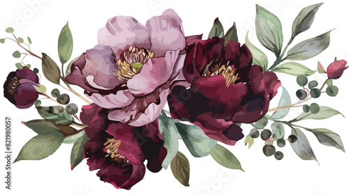 Watercolor flower floral composition with burgundy 