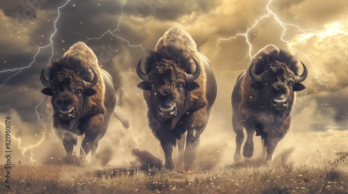 As three buffalo thunder accross the North American prairie, they raise a cloud of dust as they run.