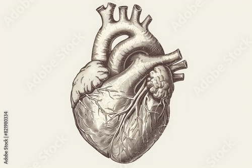 Human health medical. Anatomical human heart - sketch isolated on white background. Hand drawn sketch in vintage engraving style. Vector illustration. generative ai