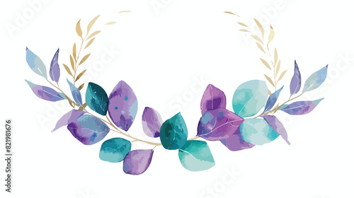 Watercolor mint leaves purple floral golden frame han