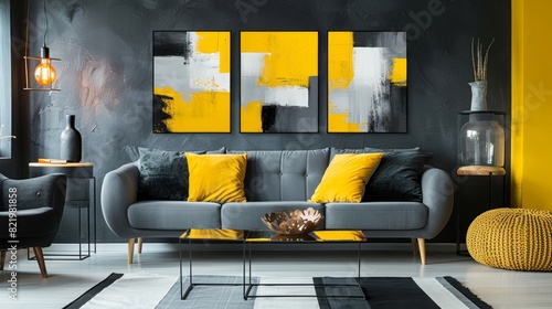 A set of three abstract paintings made up of yellow, black, and gray colors.