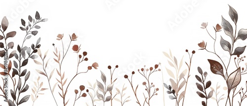 An illustration of a watercolor art of leaves and floral templates as a frame with a big space inside of it in a off white background for printing or backdrop purpose, Generative AI.