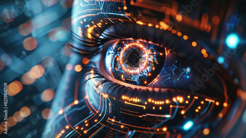 Cybernetic eye scanning digital code, representing AI-driven cybersecurity and threat detection.