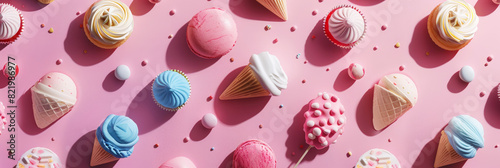 Aesthetic girlish pattern with 3d style sweets. Pink bright color palette. Delicious background. Generative AI