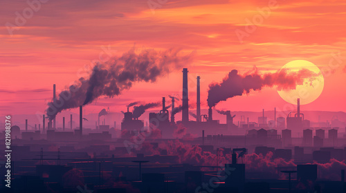 A sunset over a factory with smoke coming out of the chimneys. The sky is orange and the sun is setting