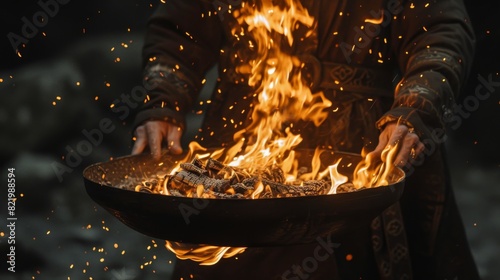 A wizard in dark robes prepares a ritual fire in a bowl amidst the shadows of a dense forest, enhancing the mystical ambiance.