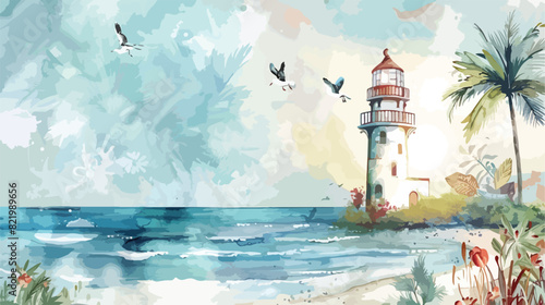 Watercolor seascape palm trees seagulls lighthouse background