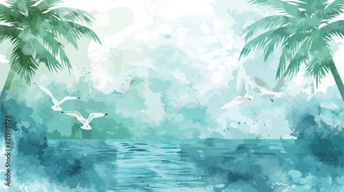 Watercolor seascape palms backdrop seagulls turquoise