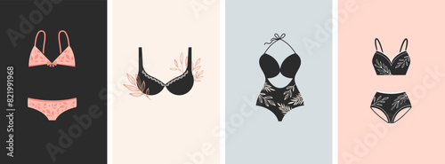 Elegant, luxury lingerie and underwear logos collection. Hand drawn minimalist illustrations, boho style logos
