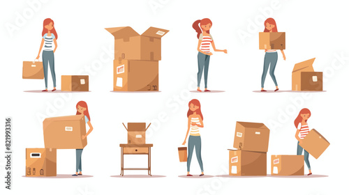 Woman move with cardboard box stuff to new home. Pers