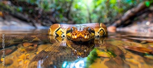 Majestic and graceful anaconda slithering through the waters of the amazon river