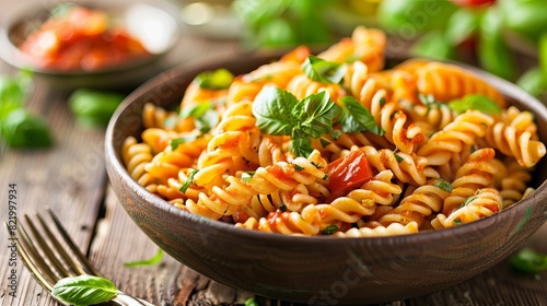 Enjoy a classic Italian dish of Fusilli pasta tossed in a flavorful tomato sauce and garnished with fresh basil.