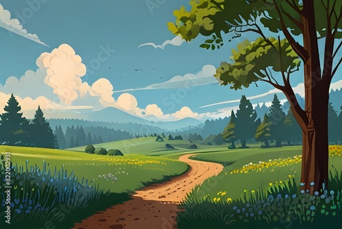 Spring field landscape with cloud and sky blue over forest trres,Vector cartoon scene rural nature park in sunny day summer,Beautiful farmland in countryside for Easter banner background Generative AI