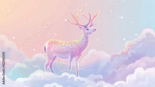 Cosmic deer standing on pastel clouds, whimsical, beautiful, illustration
