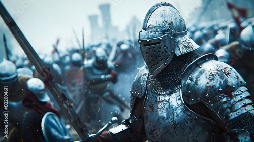 A cinematic still of medieval knights in armor charging into battle