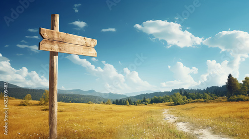 A blank wooden signpost in a sunny meadow, clear blue sky, wide lens, bright day photo style