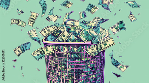 dollar bills flying out of a trash bin against a pink background. The concept symbolizes wasting money or financial loss