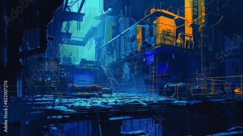 A mesmerizing digital art scene of an industrial, futuristic cityscape bathed in vibrant blue and yellow neon lighting.