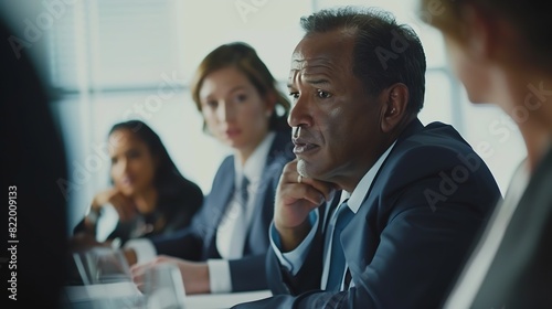 Male mature caucasian ceo businessman leader with diverse coworkers team executive managers group at meeting Multicultural professional businesspeople working together on research plan : Generative AI