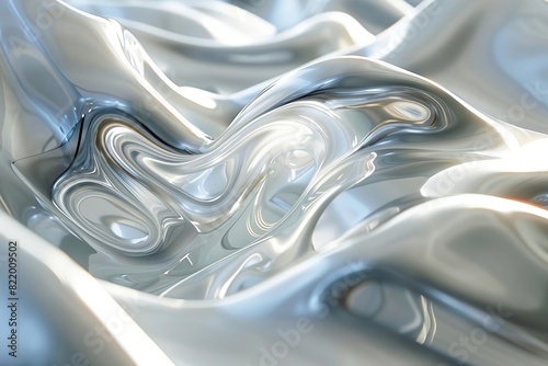 Abstract shiny silver liquid texture with smooth flowing shapes creating a metallic and fluid visual effect.