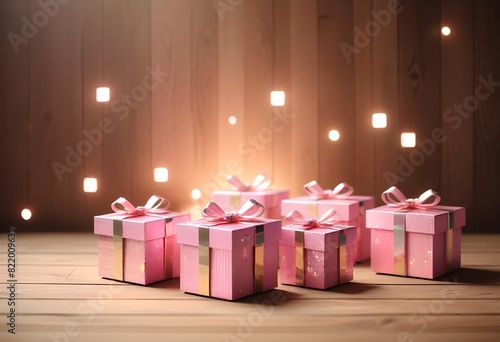 pudełka prezentowe różowe z błyszczącymi złotymi wstążkami na drewnianym tle ze świecącymi kwadratami