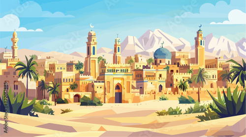 Ancient arab city with market and palace in desert. vector