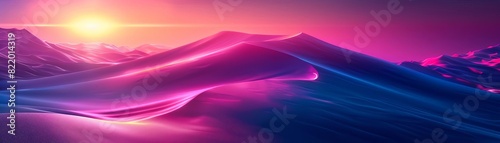 Vibrant sunset over futuristic, colorful mountain landscape with glowing light and surreal atmosphere in stunning digital art.