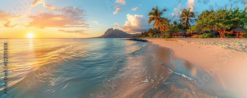 Tourism background with Fantastic Sunrise Beach in Mauritius. Dream Honeymoon Destination.
