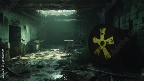 A dimly lit abandoned classroom features a large radioactive symbol on a barrel, evoking a chilling post-apocalyptic atmosphere