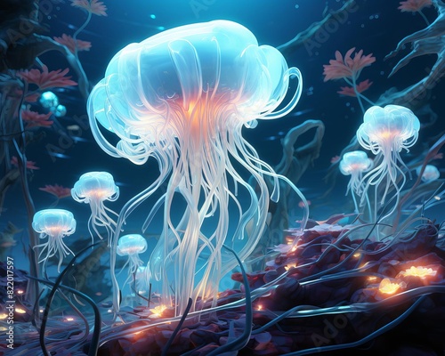 Ethereal glowing jellyfish floating in an underwater seascape with vibrant coral and soft lighting, capturing a serene marine scene.