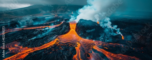 Aerial view of with volcanic river stream