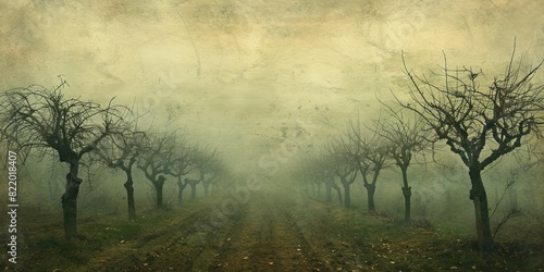 Misty orchard with barren trees on a gloomy day