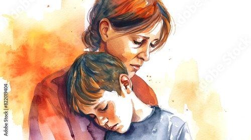watercolor ilustration a parent calmly comforting an older child who appears upset or frustrated