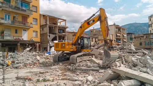 Witness the aftermath of a major earthquake as an excavator clears the debris of concrete slabs in a small town that has been devastated by catastrophic destruction and extensive property damage.