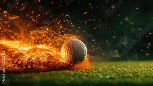 A dynamic portrayal of a golf ball on fire, captured in mid-flight under the floodlights on a darkened pitch, showcasing the contrast and energy of its rapid motion