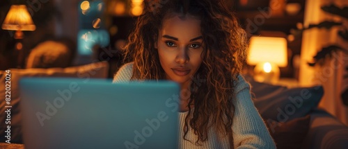 Woman working on a laptop at night, focused and determined, with cozy lights in the background showcasing a comfortable environment.