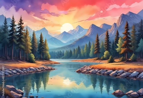 Piękny krajobraz zachodzącego słońca nad rzeką z widokiem na góry i zachodzące słońce. ilustracja jako obraz na ścianę lub okładka książki oraz do innych projektów. Cudowny efekt farb wodnych