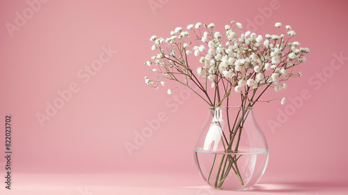 Beautiful dyed gypsophila flowers in glass vase on pin