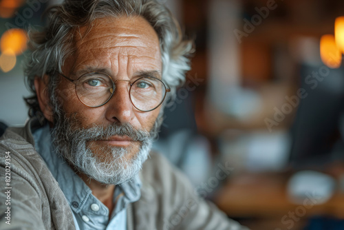 Bearded man with glasses looking at camera
