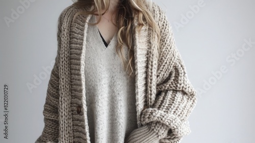 A cozy, oversized cardigan in a chunky knit, perfect for layering in colder weather.