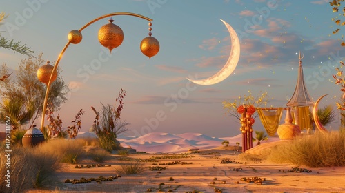 Eid ul Adha celebration with a crescent moon in a serene desert landscape, featuring traditional decorations and festive atmosphere
