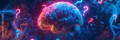 A detailed computer-generated rendering of a human brain surrounded by vibrant neon question marks, creating a futuristic and colorful composition
