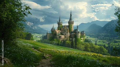A fairy-tale castle surrounded by lush green meadows and rolling hills.