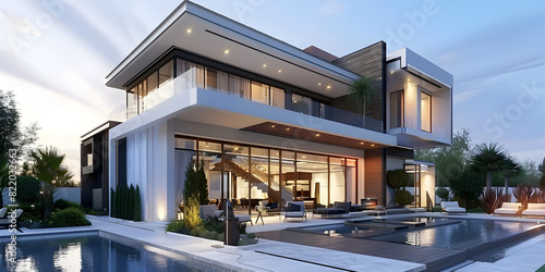 Big luxury modern house exterior Modern real estate architecture of beautiful villa 3D urban modern residence with two story decks New home blends modern design elegance and luxury for elevated.