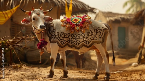 Elegant Eid ul Adha scene with a decorated calf in a traditional village setting, highlighting cultural heritage and celebration