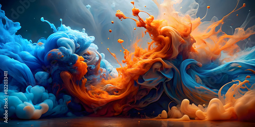 background of mixing blue and orange liquid ink with realistic texture