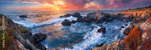 A painting depicting a sunset over the ocean with waves crashing against rocky cliffs along the coastline