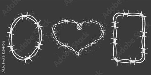 Barbed wire set twisted frames y2k, borders tattoo, gothic textured steel frame, spiky oval barrier, white silhouette isolated on dark background.