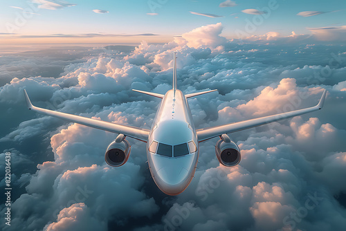 A passenger civil airplane jet flies at flight level high in the sky above the clouds and blue sky, showcasing the marvel of modern aviation and travel